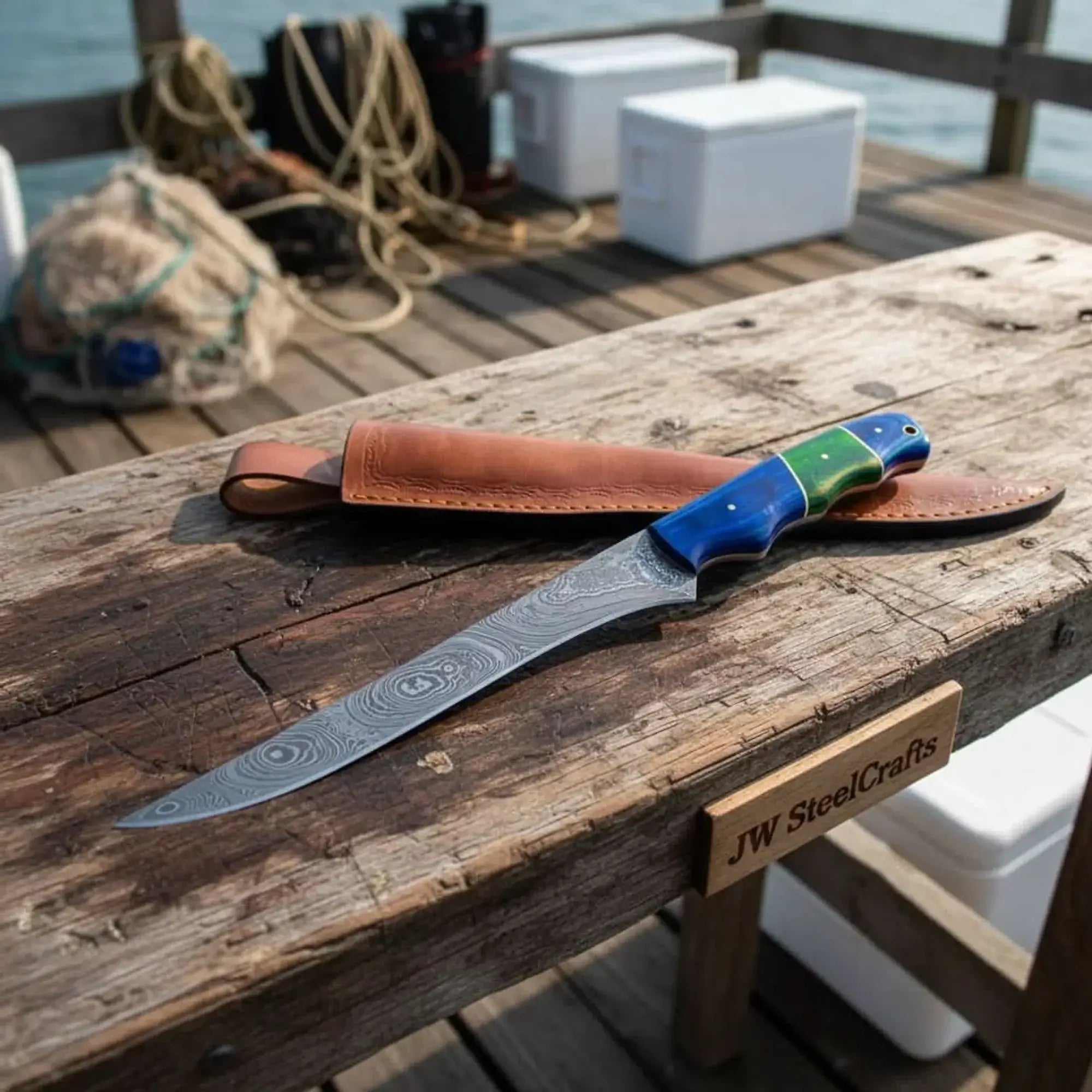 Handmade Damascus fillet knife on wooden table with leather sheath, showcasing blue and green handle, perfect for fish processing.