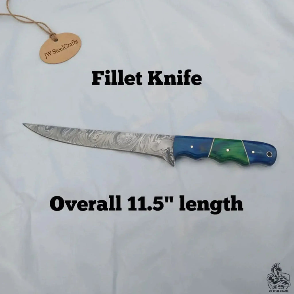 Damascus steel fillet knife with two-tone wood handle, overall 11.5 inches in length, by JW SteelCrafts.