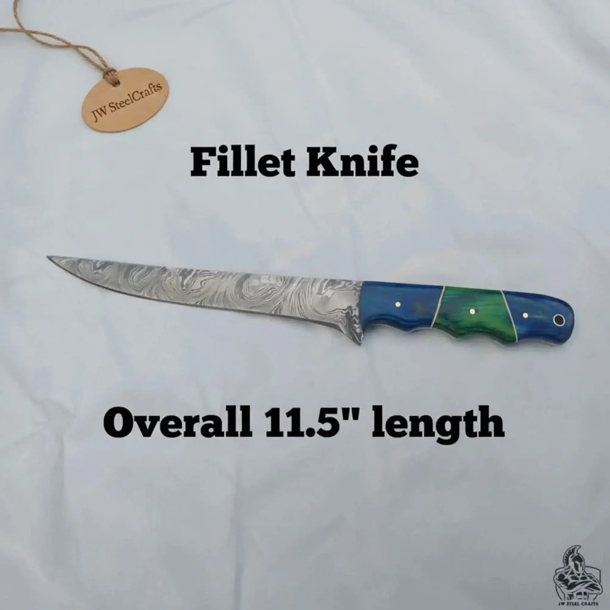 Damascus steel fillet knife with two-tone wood handle, overall 11.5 inches in length, by JW SteelCrafts.
