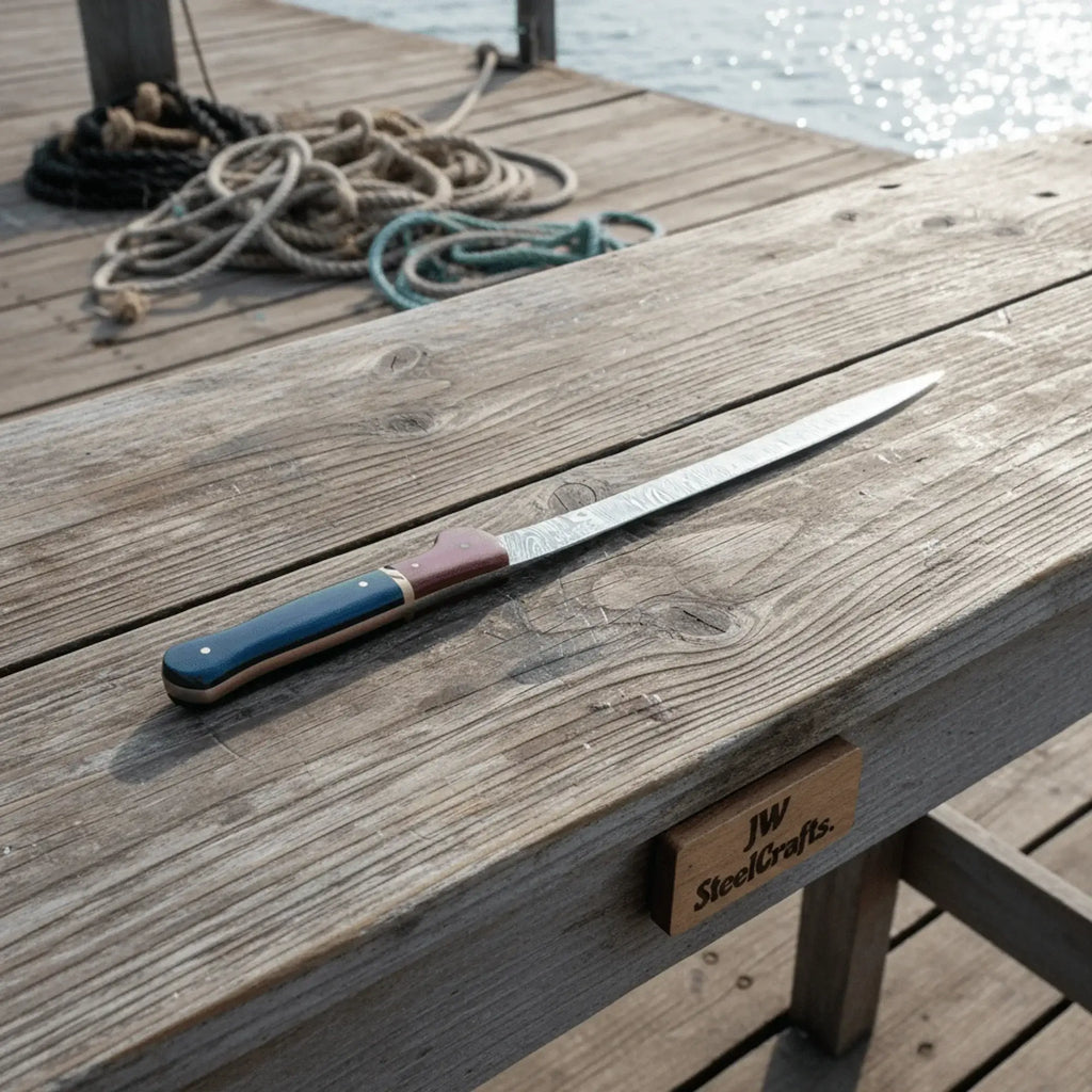 13-inch Damascus boning knife on wooden table with ropes beside it, showcasing blue and red two-tone handle.