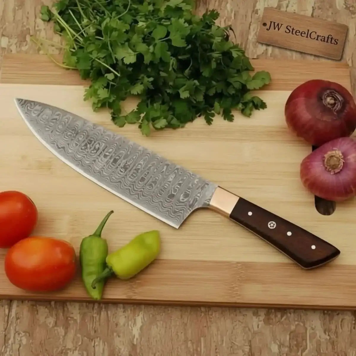 Pattern welded Damascus gyuto knife with rosewood handle and brass bolster - Wine Drop Cookery LLC