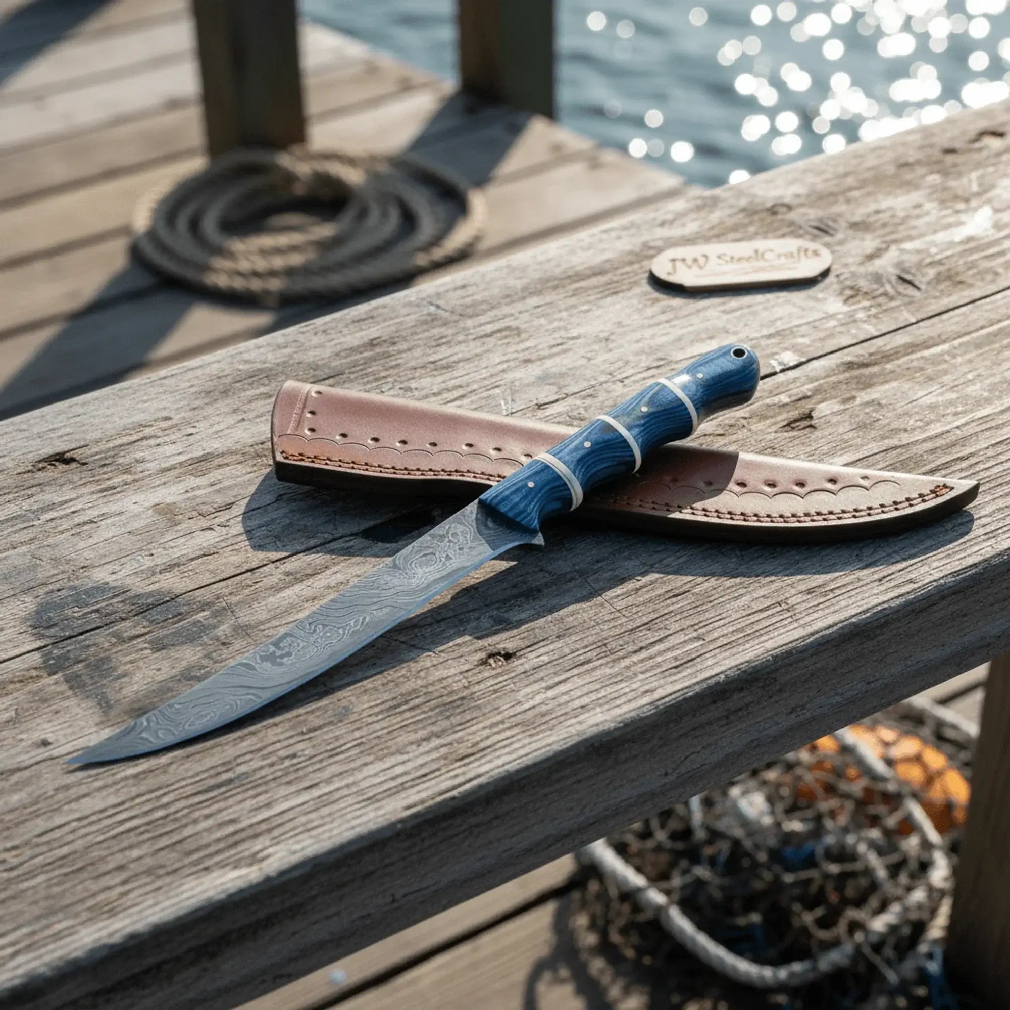 Handcrafted Damascus steel fillet knife with blue Pakka wood handle and leather sheath on a wooden surface.