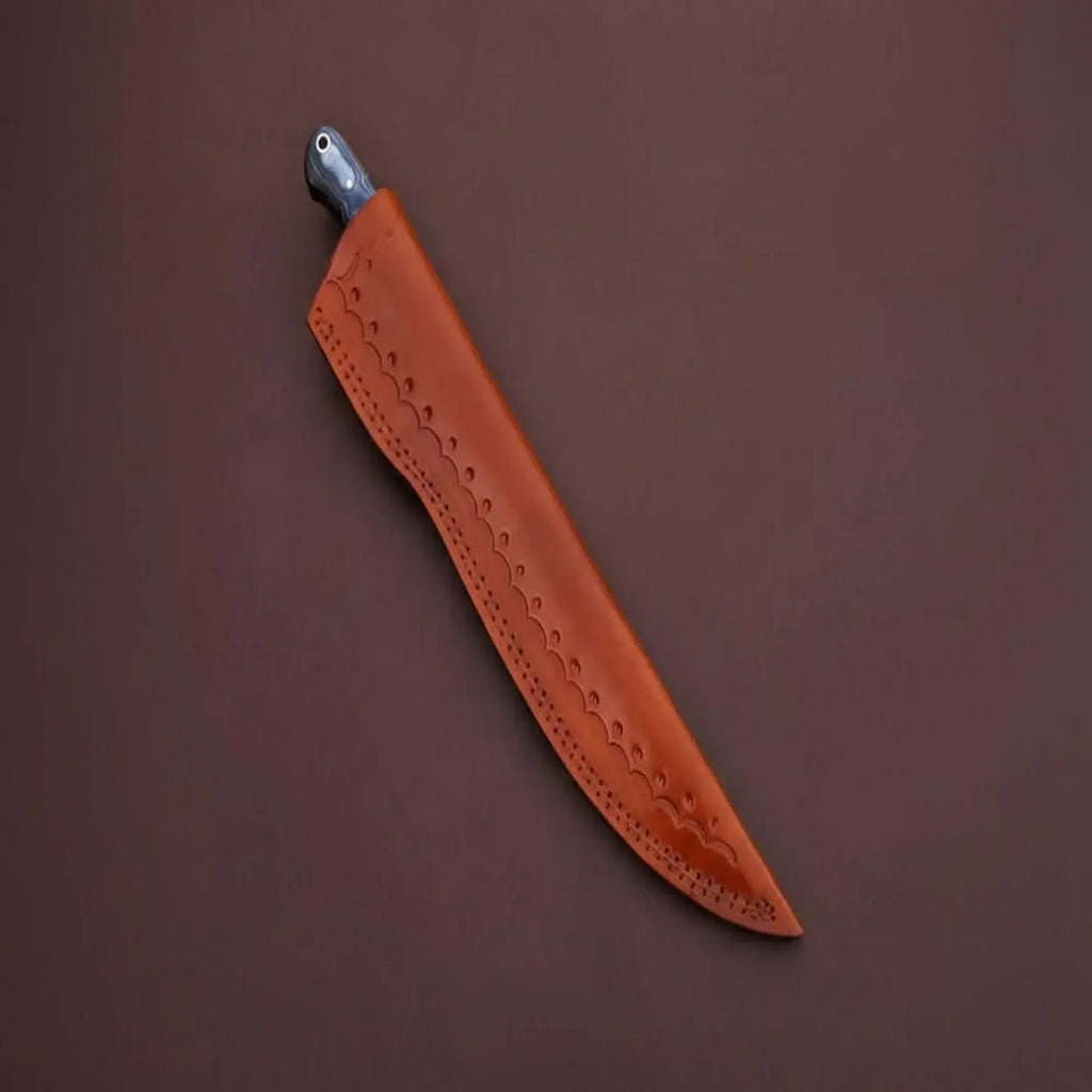 Handcrafted Damascus Steel Fish Fillet Knife with Leather Sheath for protection and storage.