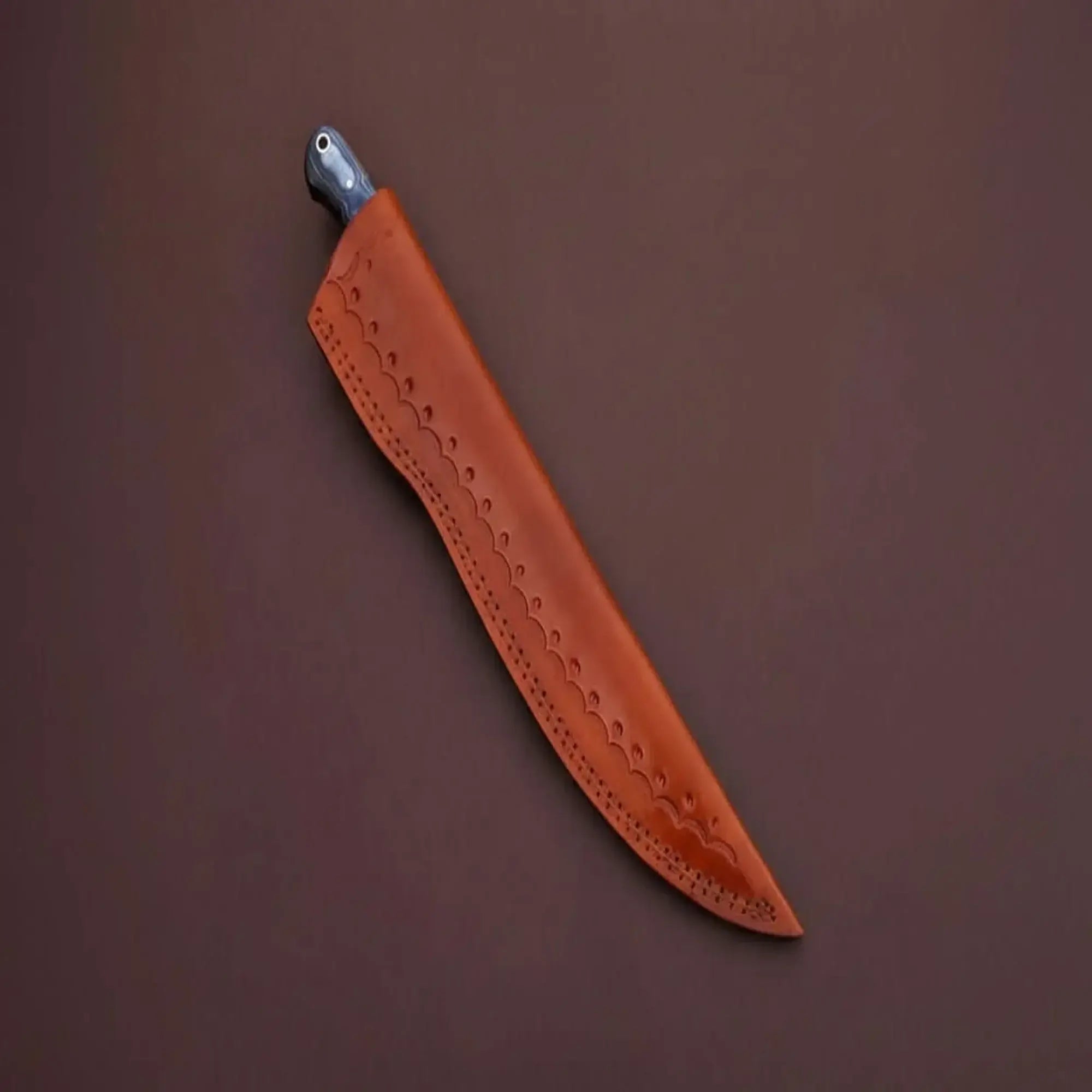Handcrafted Damascus Steel Fish Fillet Knife with Leather Sheath for protection and storage.