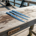 Custom handmade damascus steel fillet knife blanks set of 3 on wooden table at JW SteelCrafts.