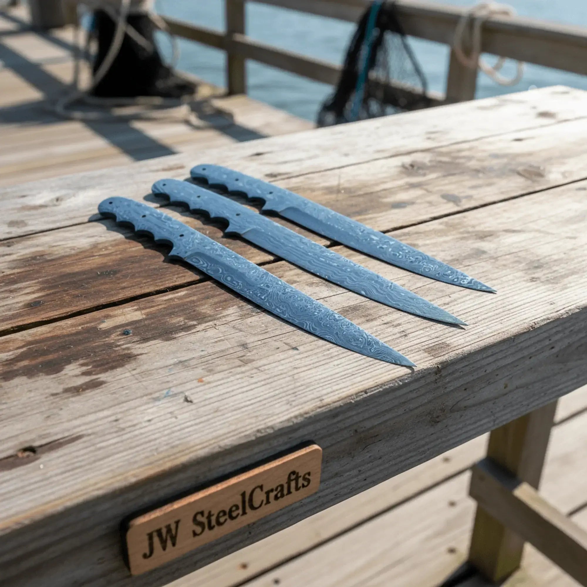 Custom handmade damascus steel fillet knife blanks set of 3 on wooden table at JW SteelCrafts.