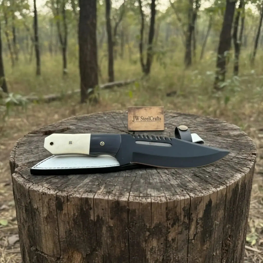 fixed blade skinner knife with sheath resting on a tree stump in a wooded area.