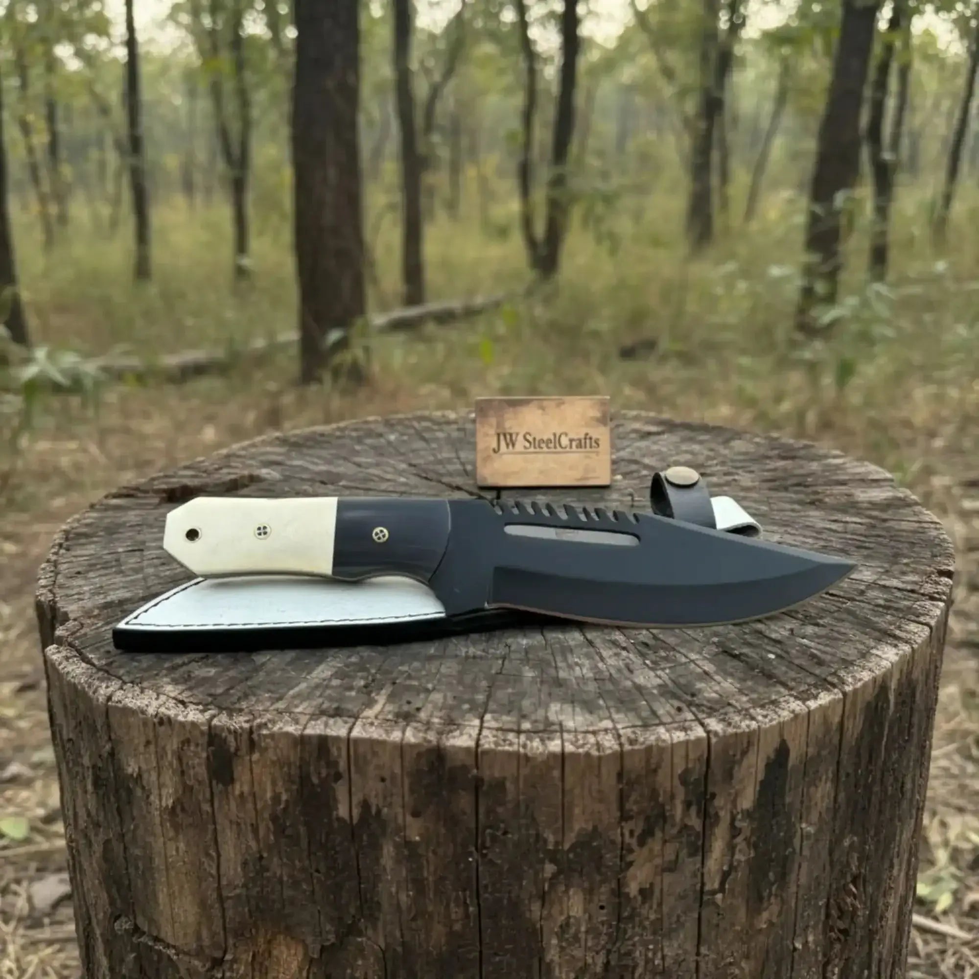 fixed blade skinner knife with sheath resting on a tree stump in a wooded area.