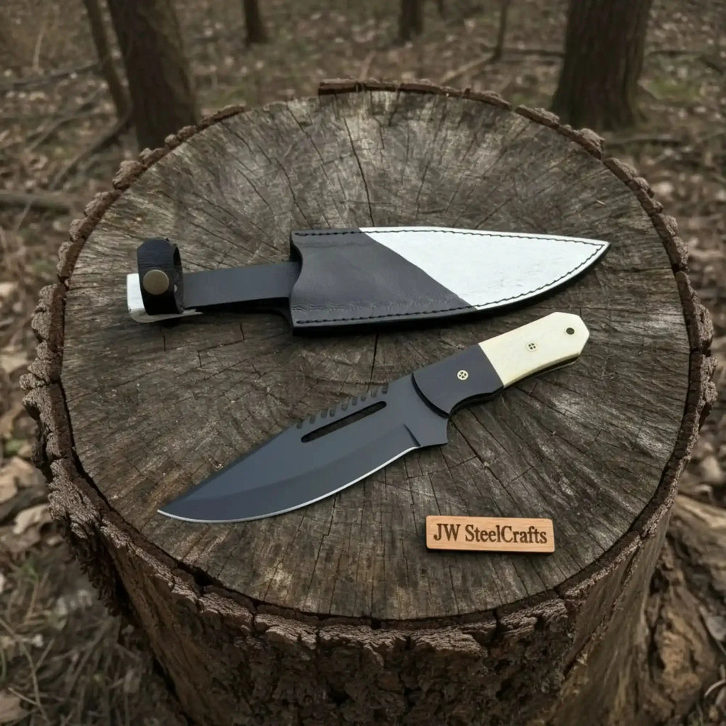 Straight Back Utility Knife 8” Blade Fixed Blade Skinner Knife with Sheath on a tree stump background.