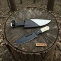Straight Back Utility Knife 8” Blade Fixed Blade Skinner Knife with Sheath on a tree stump background.