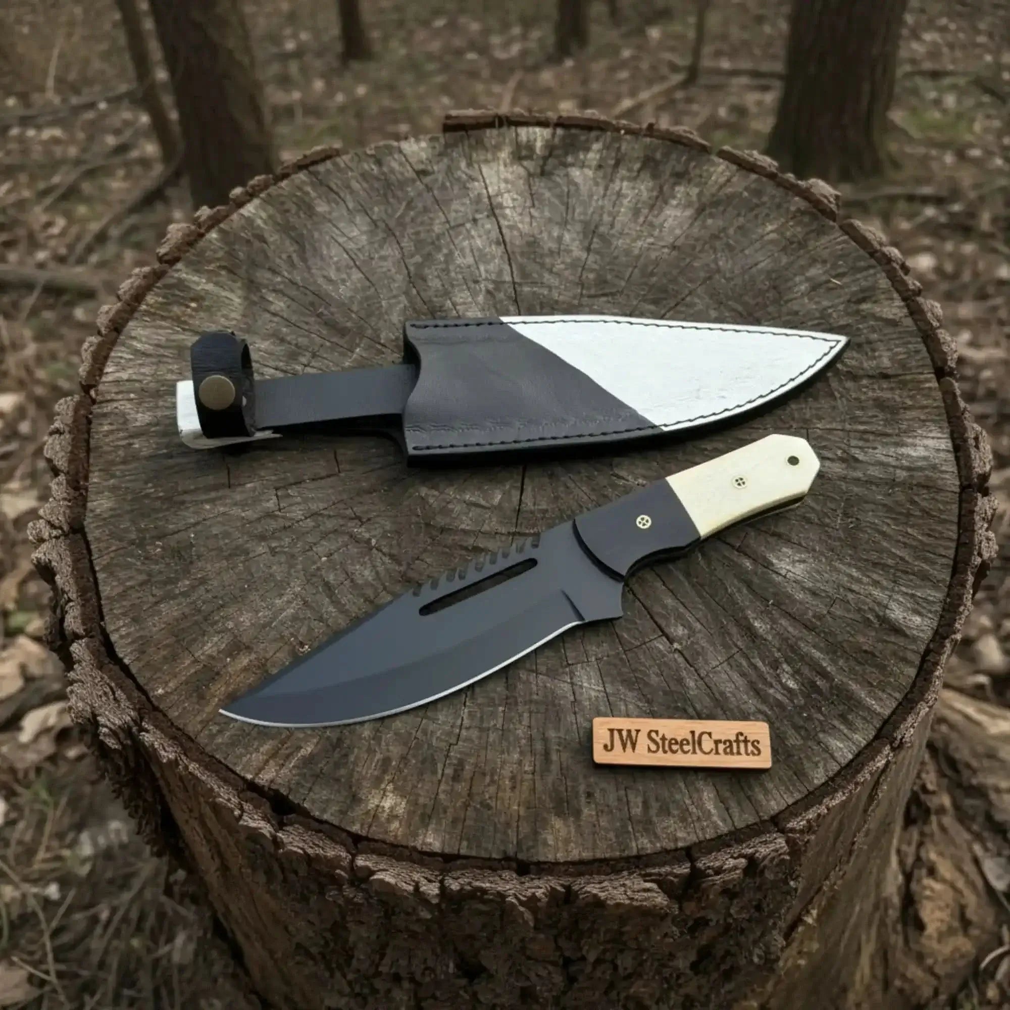 Straight Back Utility Knife 8” Blade Fixed Blade Skinner Knife with Sheath on a tree stump background.