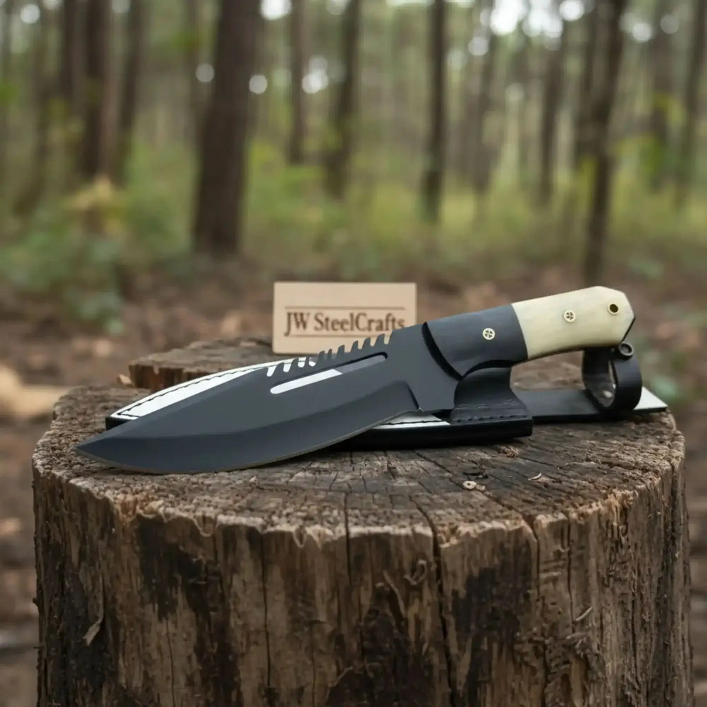 Fixed blade skinner knife with sheath displayed on a tree stump in a forest setting.