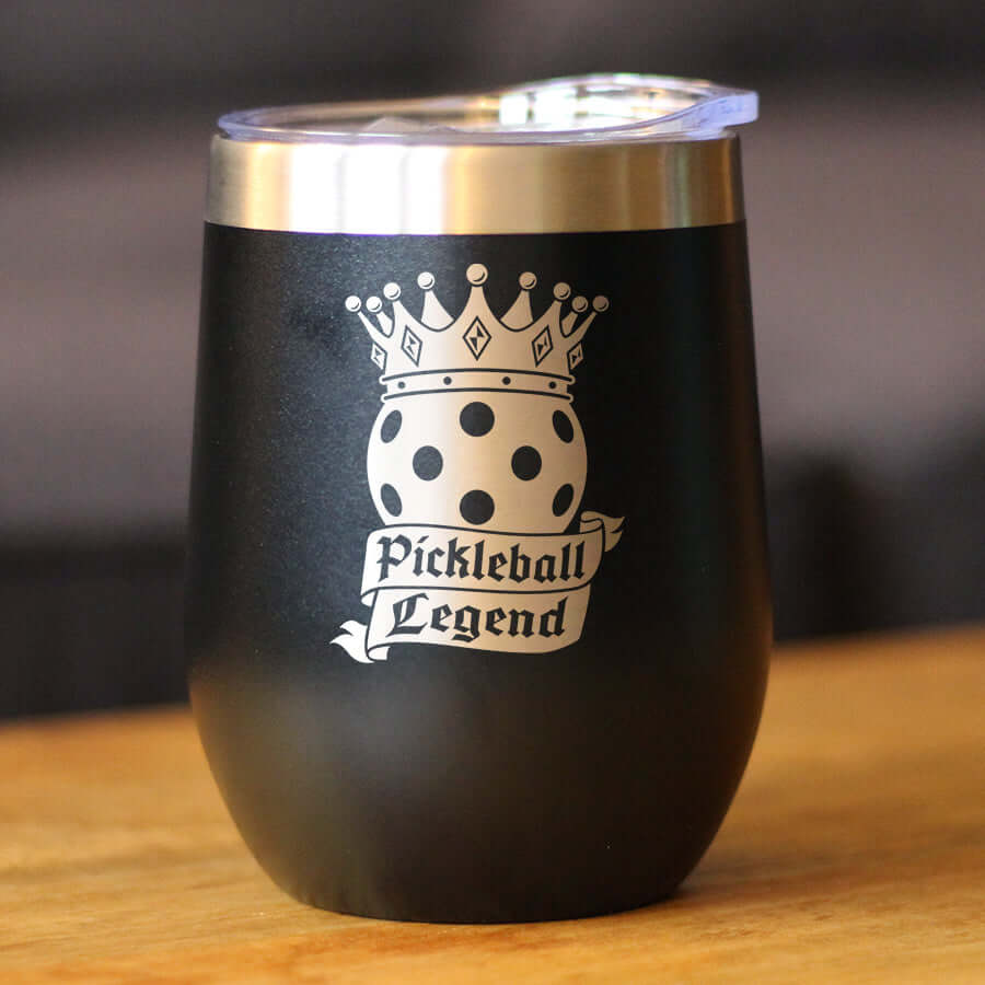 Pickleball Legend insulated wine tumbler showcasing a black stainless steel design with a sliding lid and etched text.