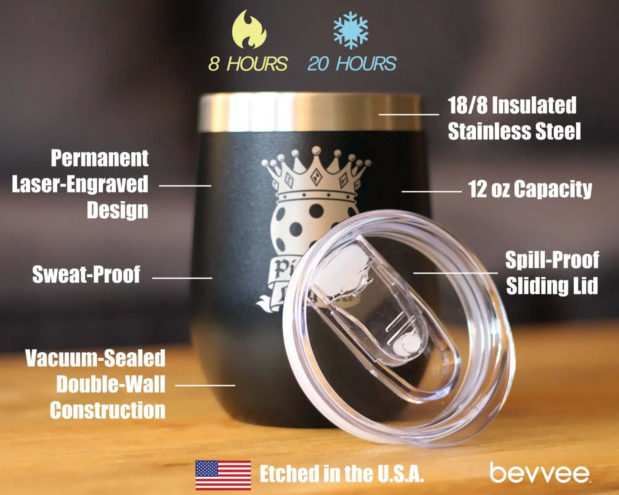 Pickleball insulated wine tumbler with sliding lid, 12 oz stainless steel, laser-engraved design, sweat-proof, insulated.