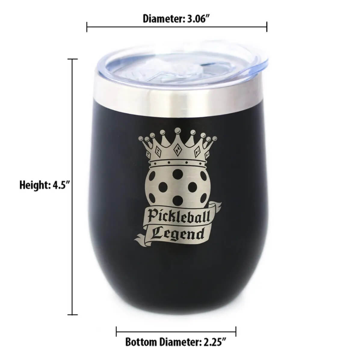 Pickleball Legend Insulated Wine Tumbler with Sliding Lid, 12oz Stainless Steel, perfect gift for picklers.