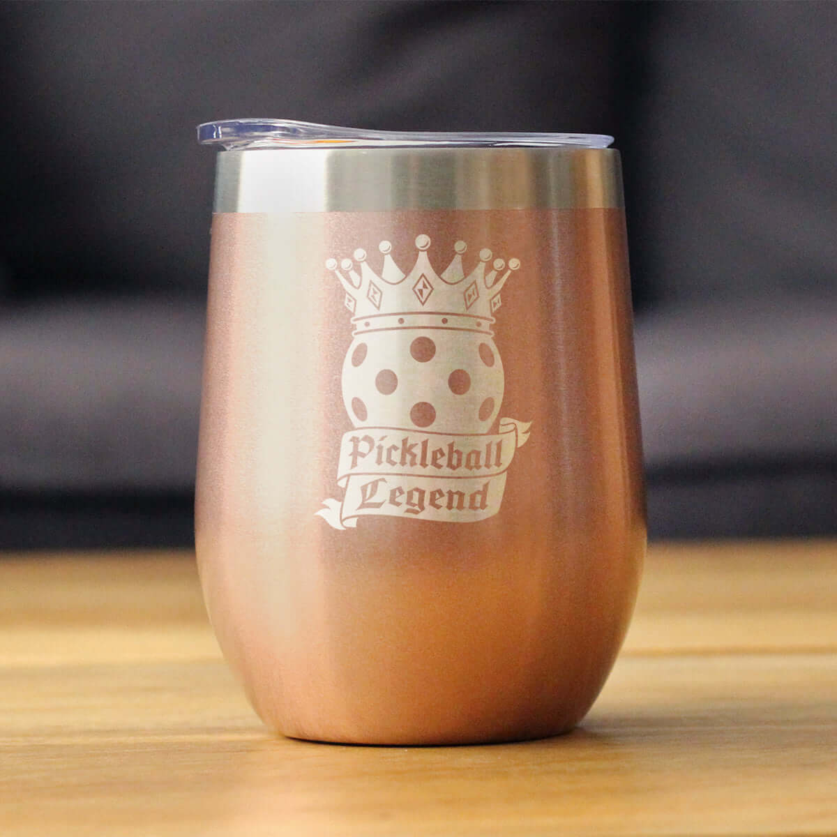 Pickleball Legend insulated wine tumbler with sliding lid, 12oz stainless steel, perfect for gifts.
