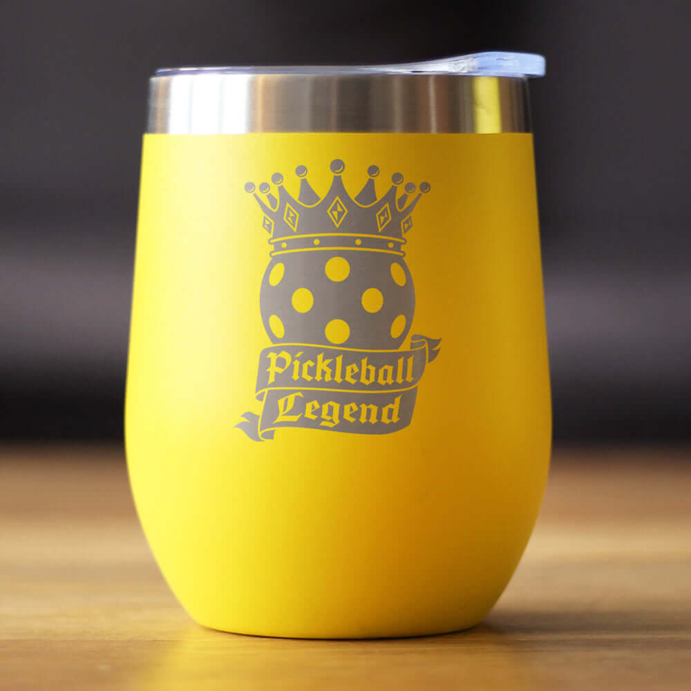 Pickleball Legend insulated wine tumbler showcasing a yellow design and sliding lid, perfect gift for pickleball enthusiasts.