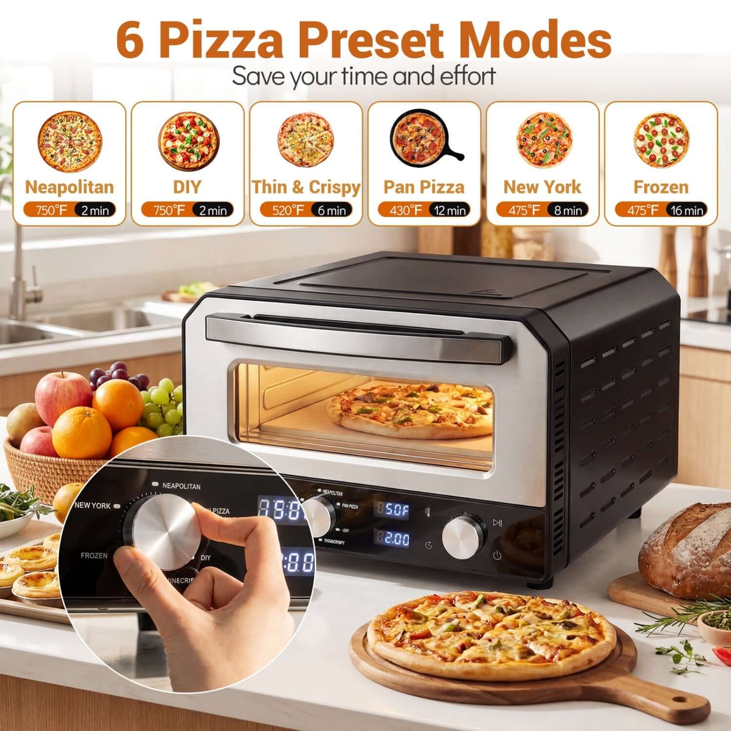 Indoor electric pizza oven with 6 preset modes for quick and easy pizza baking in kitchen.