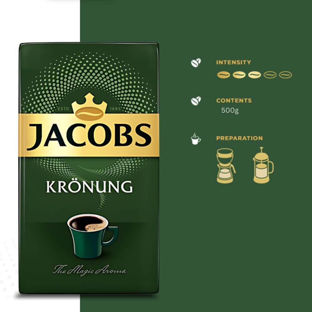 Jacobs Krönung Ground Coffee 17.6oz Premium German Roast packaging with coffee cup and brewing details.