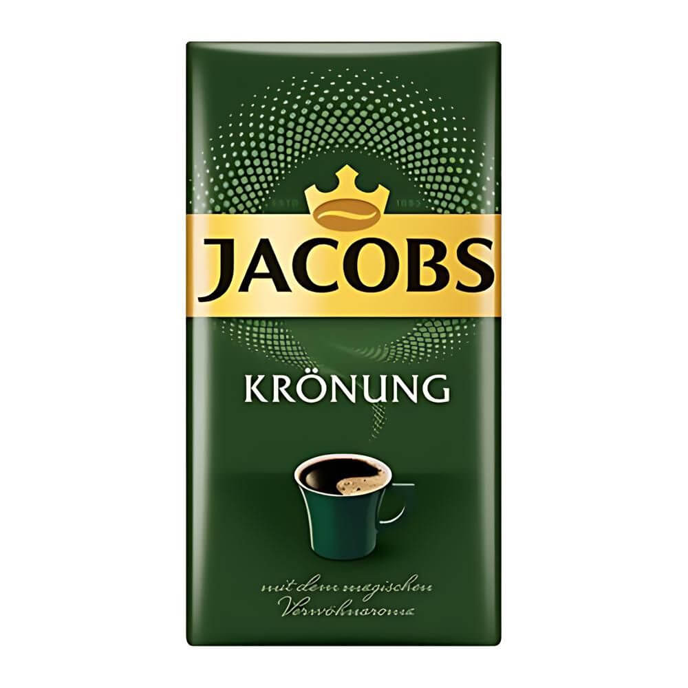 Jacobs Krönung Ground Coffee 17.6oz Premium German Roast packaging design featuring a cup of coffee.