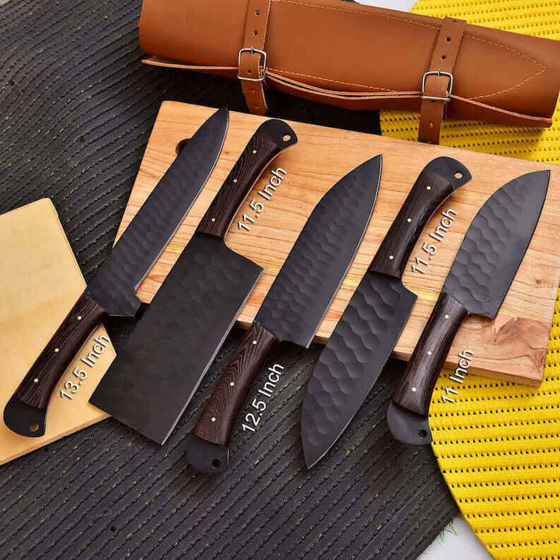 Personalized Chef Knife Set of 5 Handmade with Leather Roll