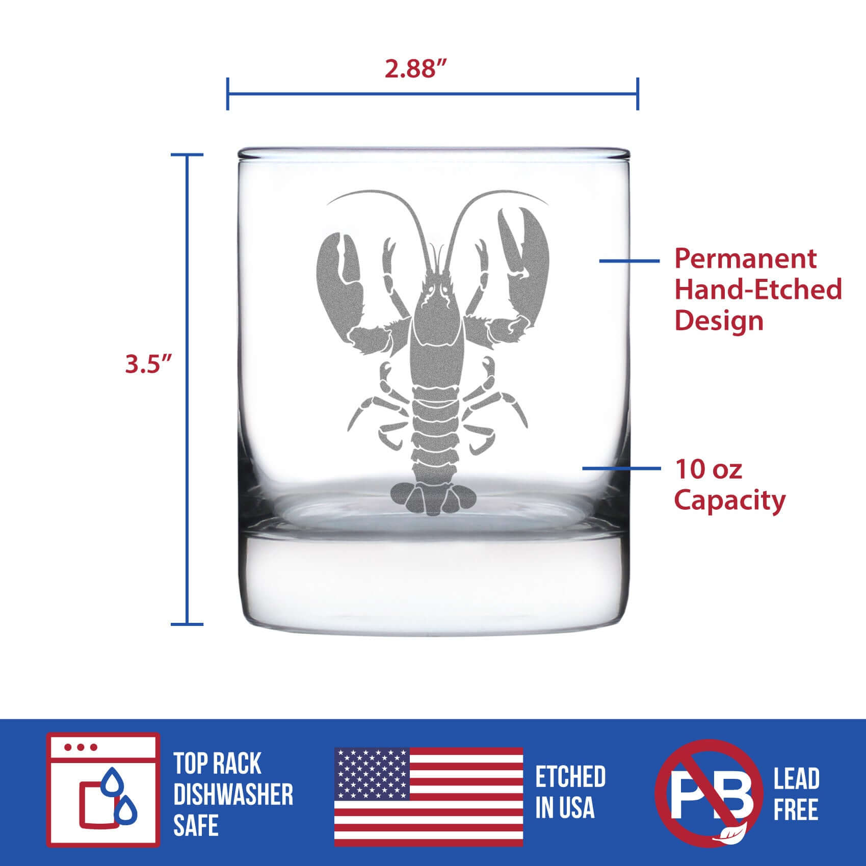 Lobster engraved rocks glass with permanent hand-etched design, 10 oz capacity, dishwasher safe, and made in USA.