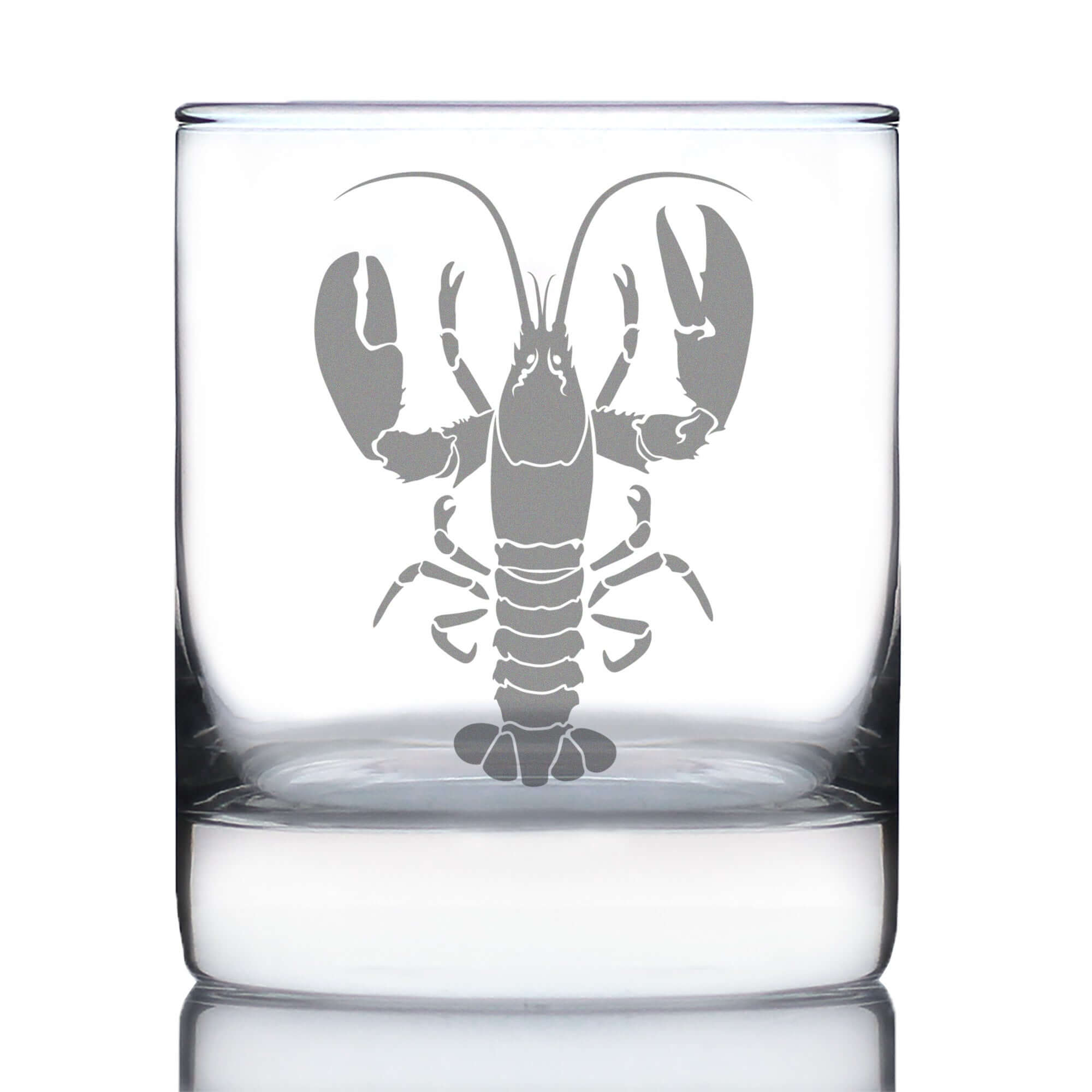 Lobster engraved rocks glass showcasing intricate lobster design for coastal charm and unique barware.