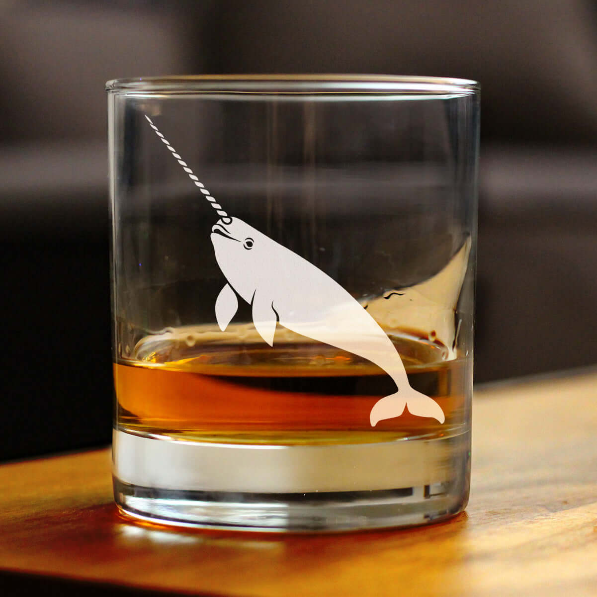 Narwhal engraved rocks glass featuring a unique design, perfect for whiskey lovers and narwhal gifts for women.