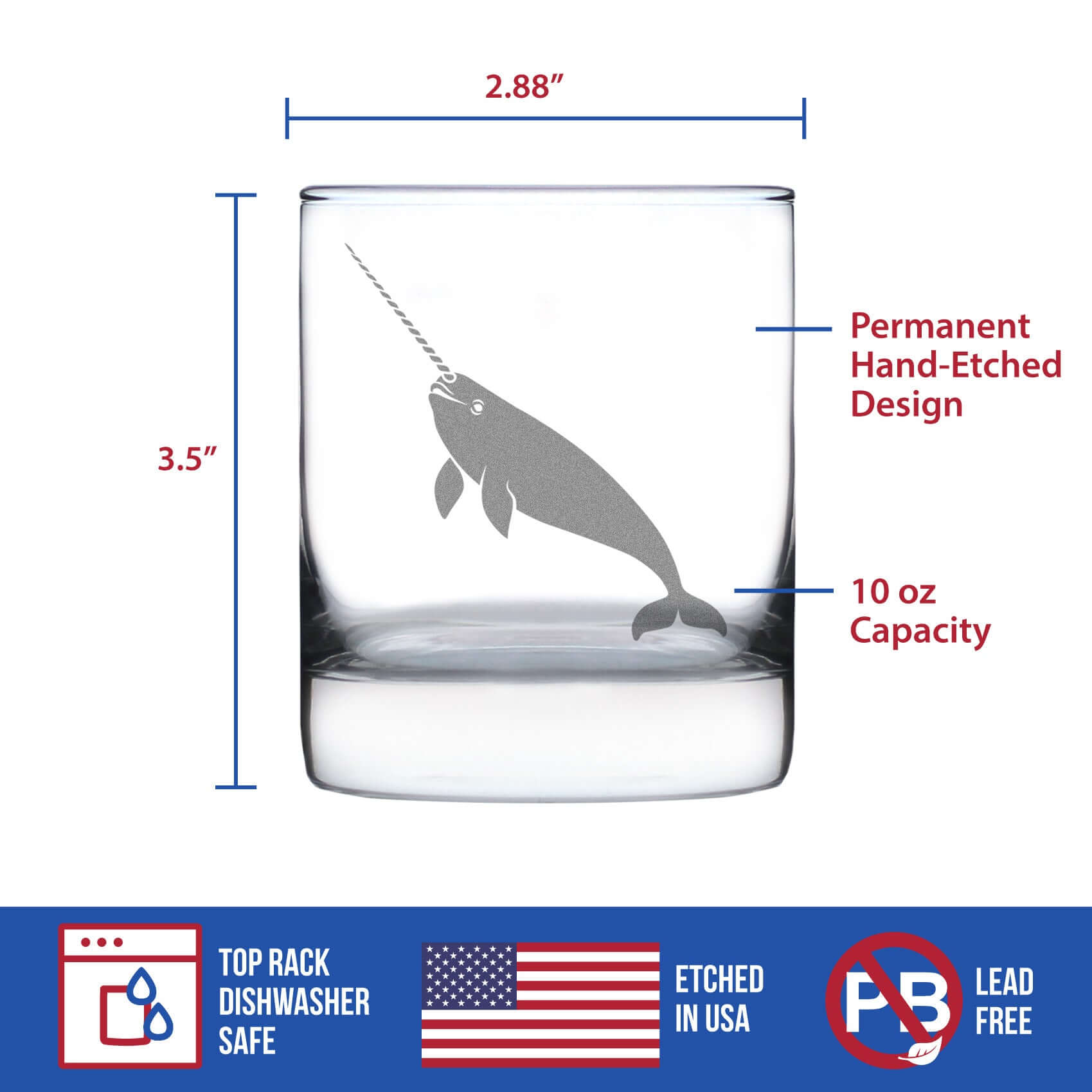 Narwhal engraved rocks glass with a hand-etched design, 10 oz capacity, dishwasher safe, unique gift for drinkware enthusiasts.