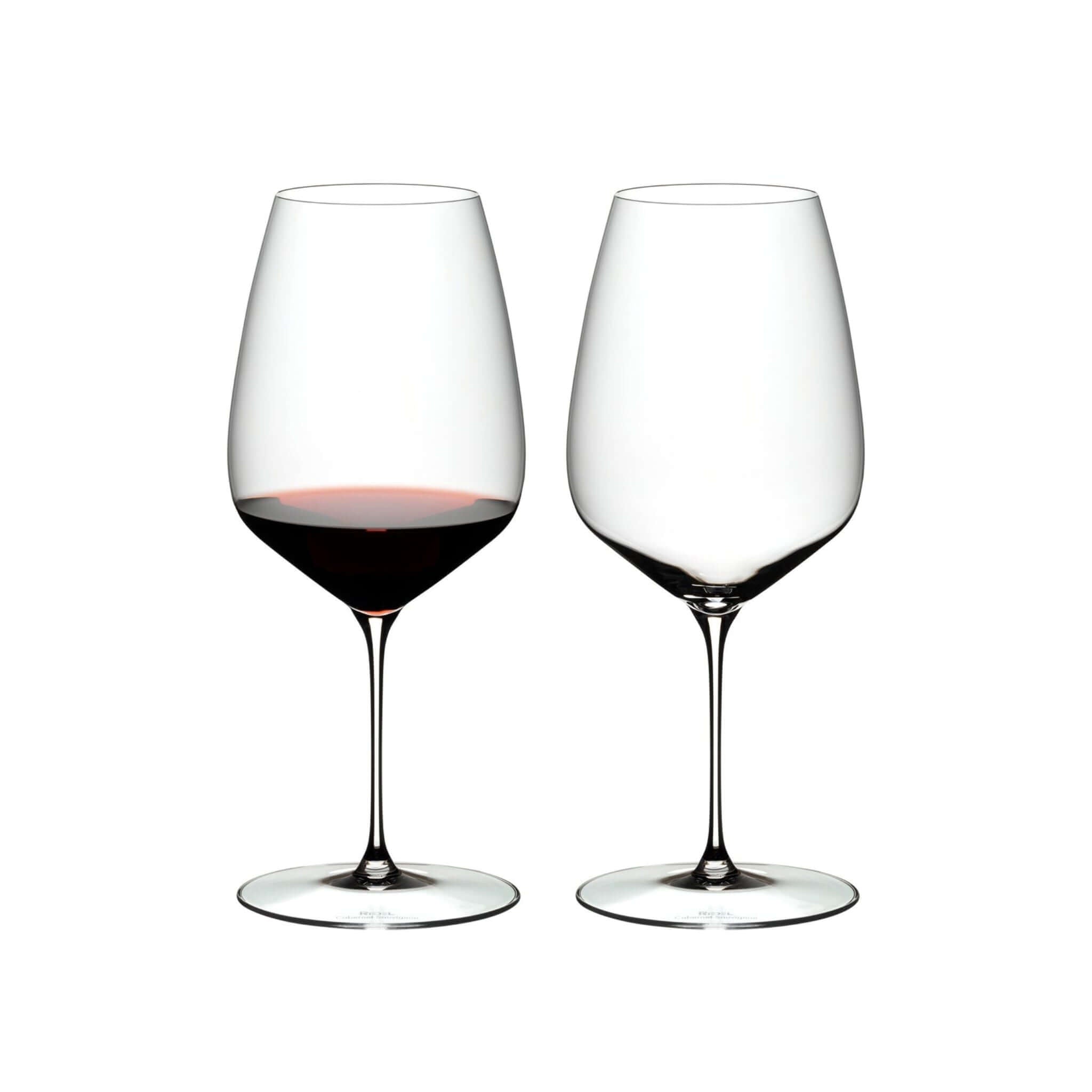 Riedel Veloce Cabernet wine glasses in a set of 2, showcasing their elegant design and suitability for bold red wines.