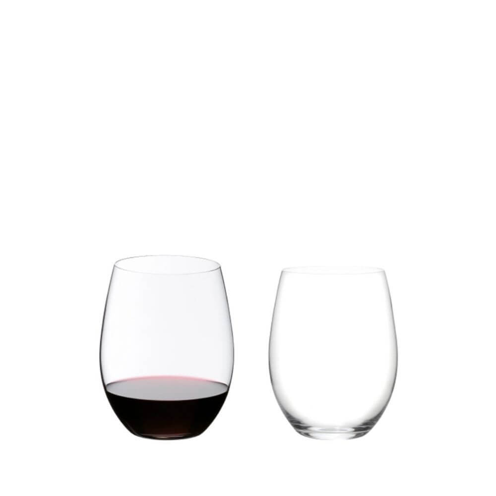 Riedel Wine Glass O Cabernet Sauvignon - Merlot showcasing two stemless tumblers, one with red wine and one clear.