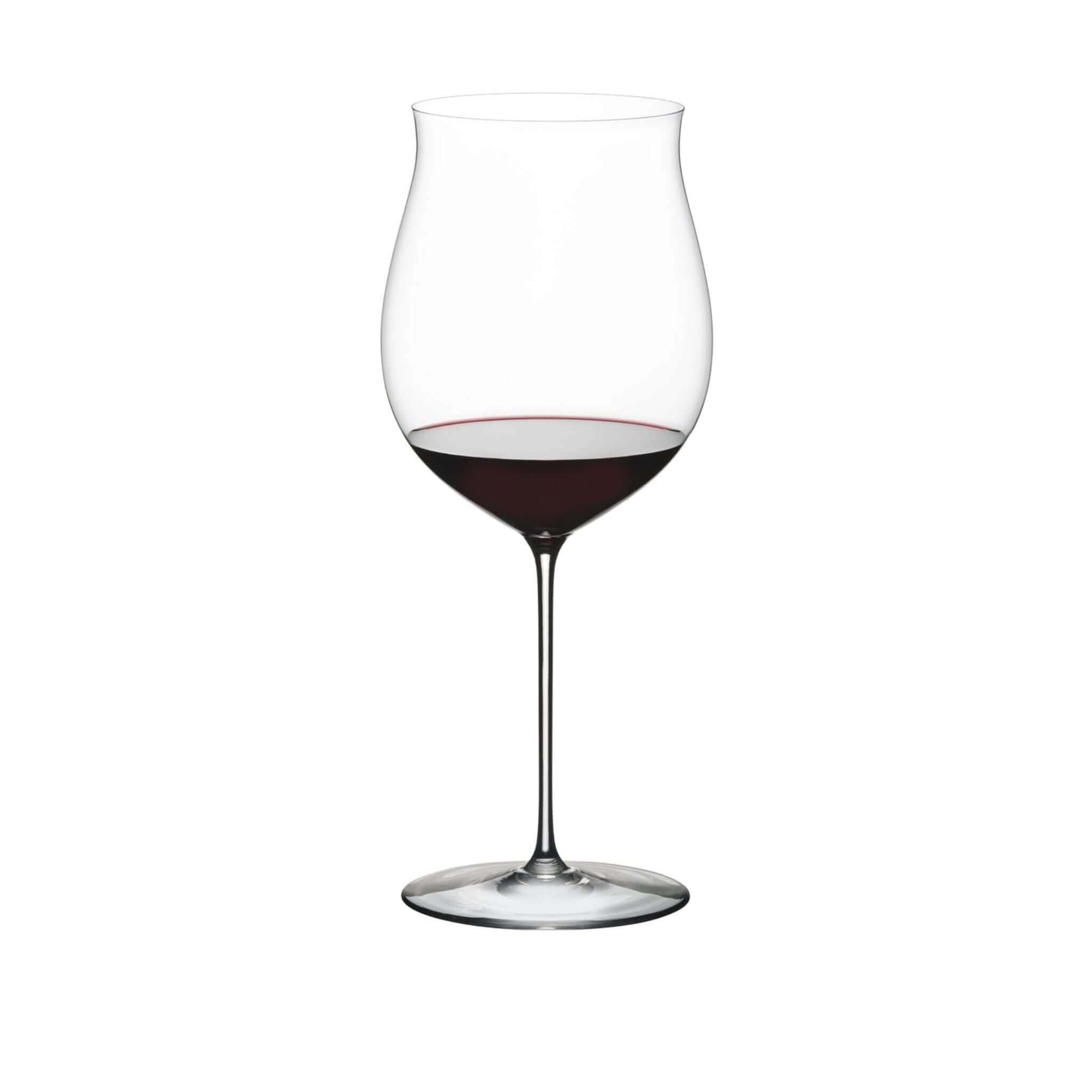 Riedel Superleggero Burgundy wine glass filled with red wine, showcasing its elegant and precise design.