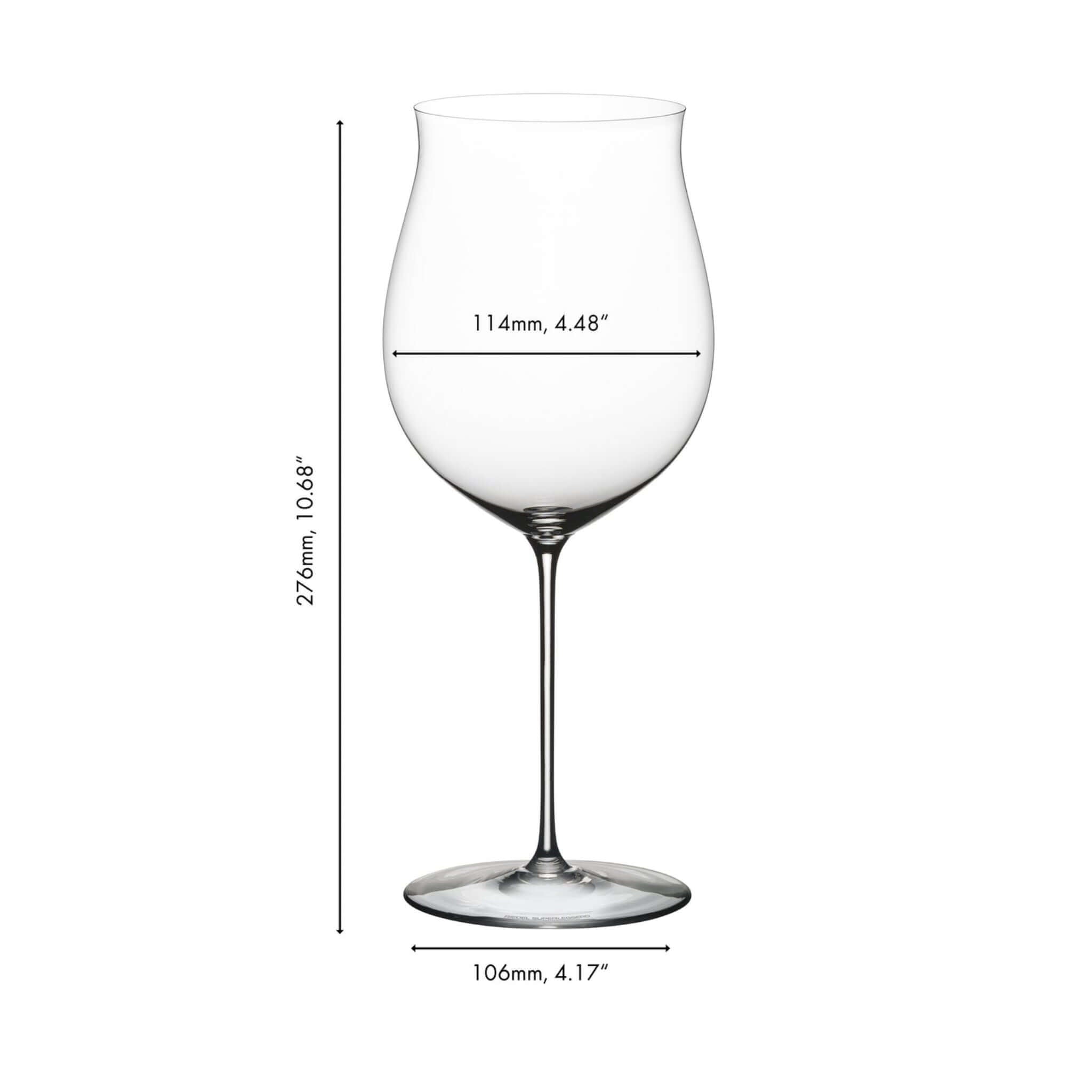 Riedel Superleggero Burgundy wine glass dimensions, showcasing its elegant design and tall profile.