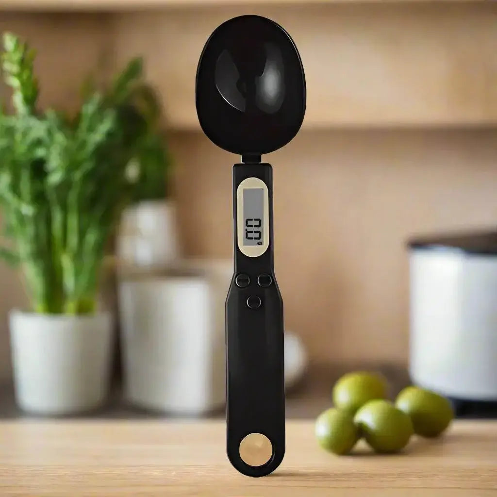 Mini Digital Spoon Scale – Precision Measuring with a black design, showcasing 0.1g accuracy for food and drink recipes.