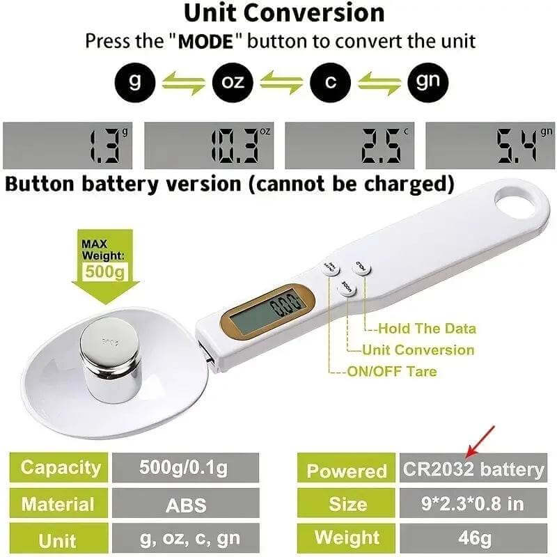 Mini Digital Spoon Scale – Precision Measuring with unit conversion features, max weight 500g, and digital display.