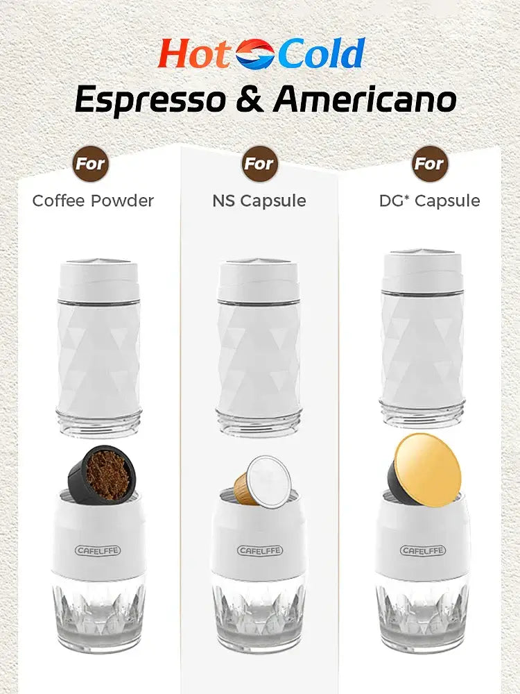 Cafelffe 3-in-1 Portable Espresso Maker Capsule & Ground for Coffee Powder, NS Capsule, and DG Capsule.