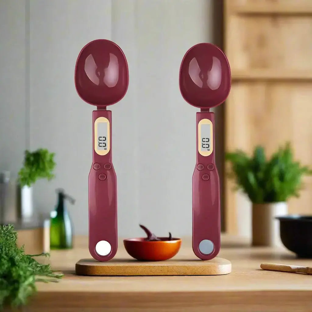 Mini Digital Spoon Scale – Precision Measuring in red color, 0.1g precision ideal for cooking, displayed in a kitchen setting.