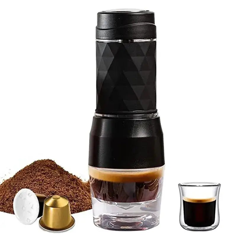 Cafelffe 3 In1 Portable Coffee Machine Hot/Cold Water Manual Espresso Maker with espresso, ground coffee, and cup.