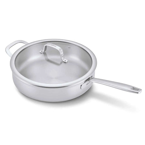 5-Ply stainless steel sauté pan with lid, ideal for braising, frying, and one-pan meals.