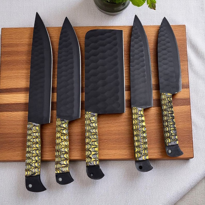 8-Piece VG10 Kitchen Knife Set, Black Coated, Pakka Wood Handles - Wine Drop Cookery LLC