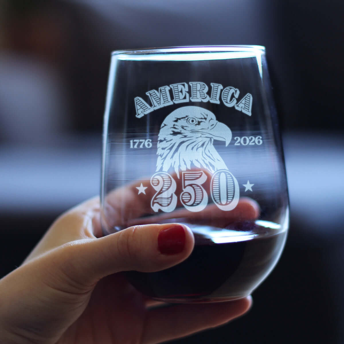 engraved stemless wine glass 250th anniversary featuring eagle and celebratory design.