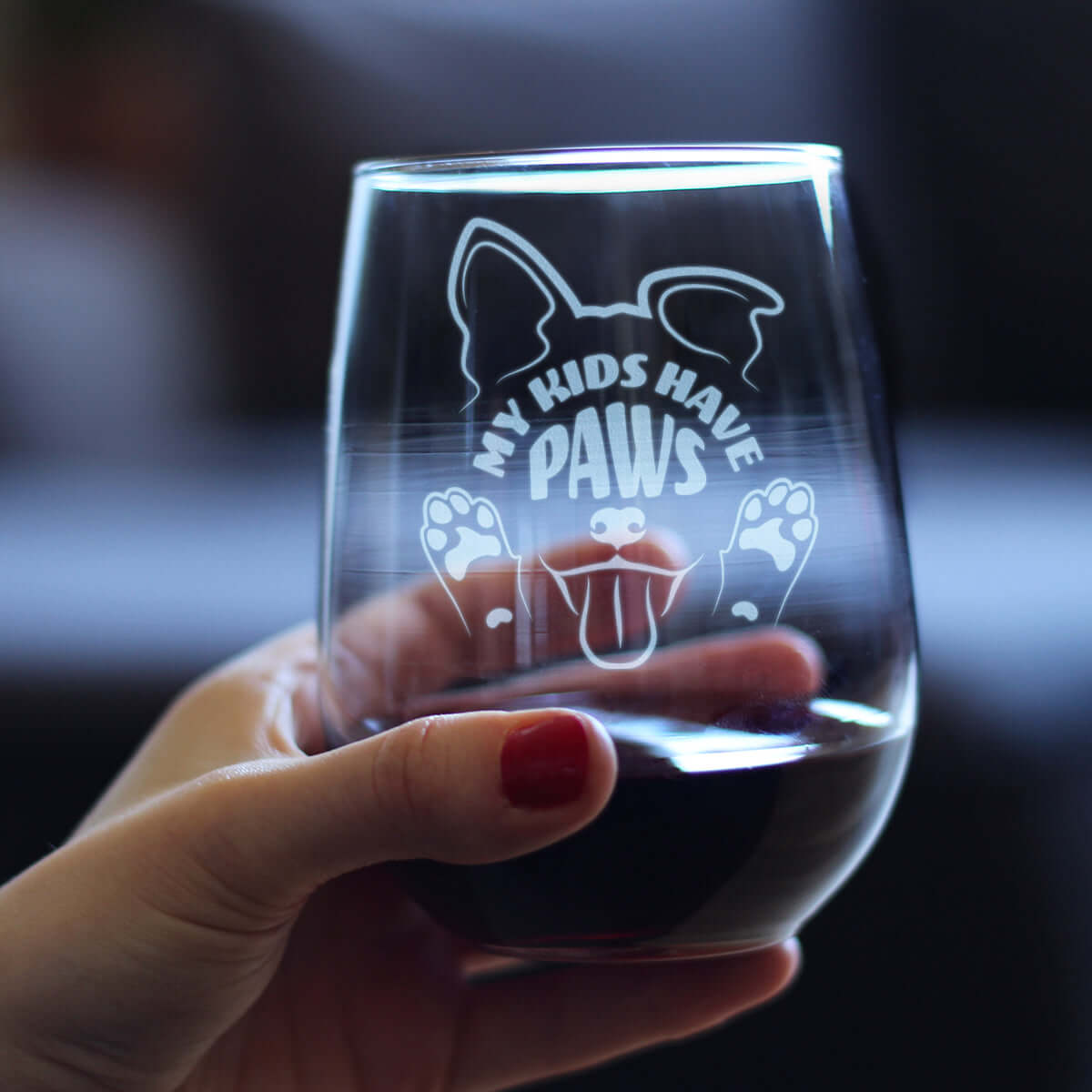Kids Have Paws Dog Engraved Stemless Wine Glass