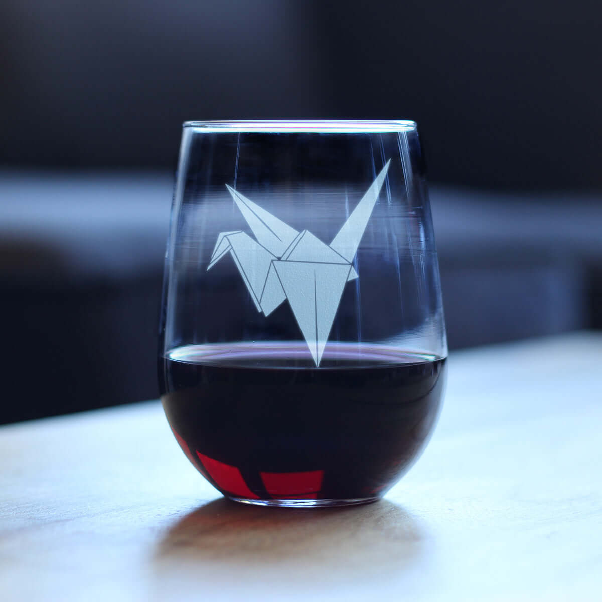Paper Crane Engraved Stemless Wine Glass Japanese Decor