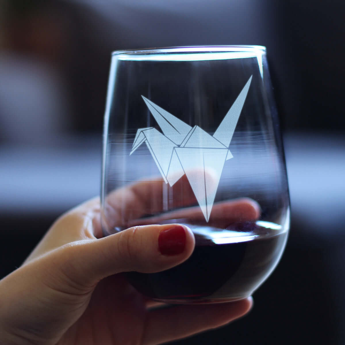 Paper Crane Engraved Stemless Wine Glass Japanese Decor