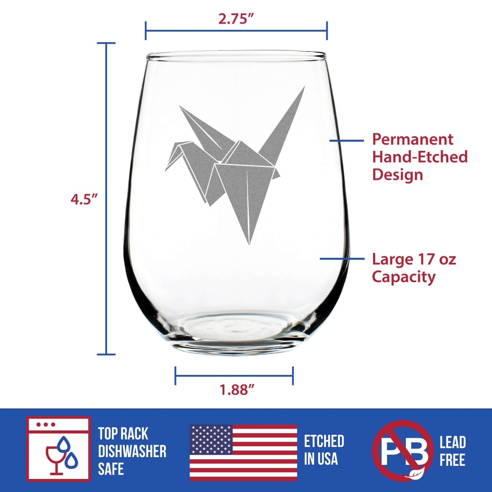 Paper Crane Engraved Stemless Wine Glass Japanese Decor