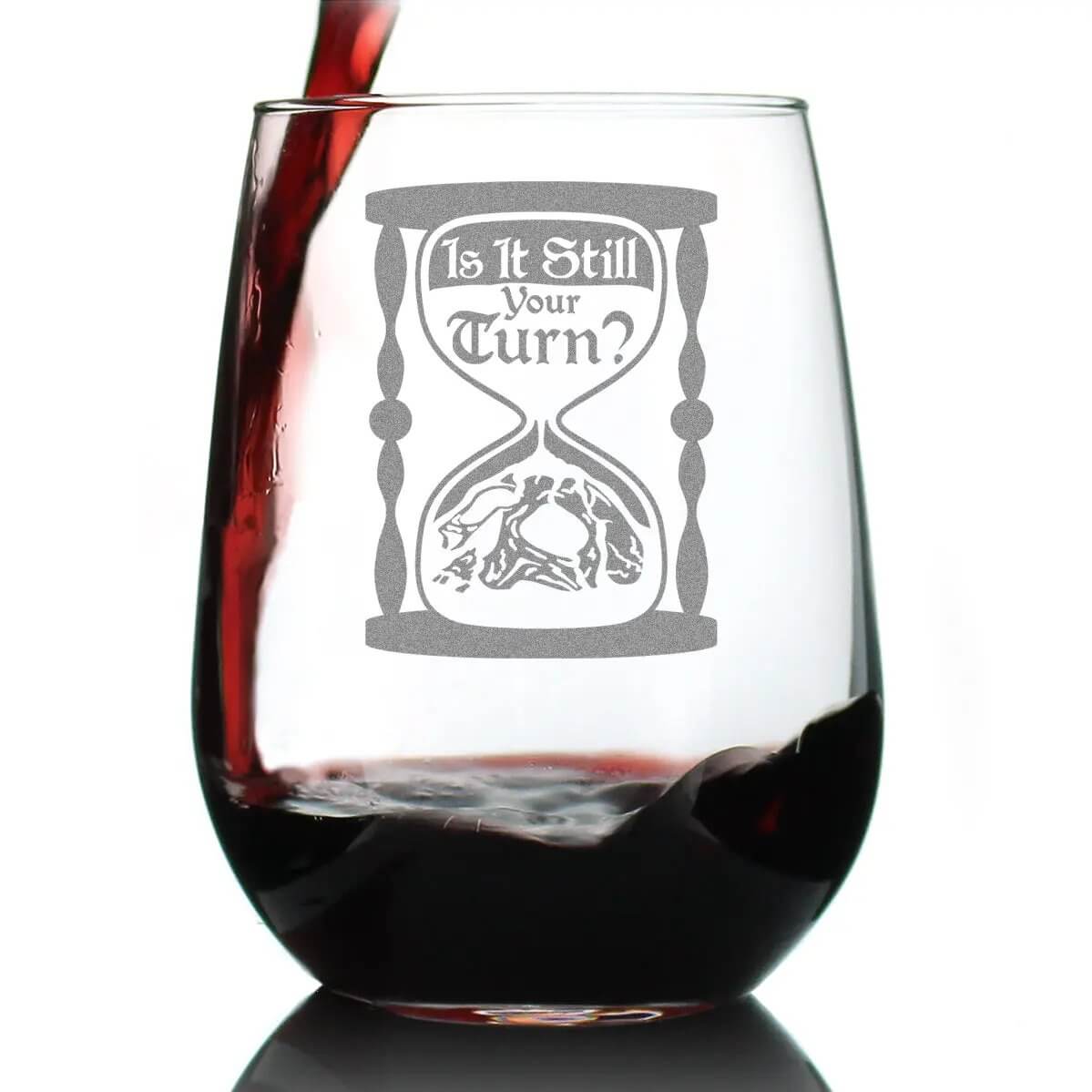 Engraved wine glass for gamers with hourglass design, perfect for board game nights and RPG enthusiasts.