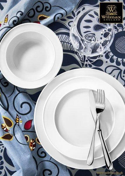 Set Of 12 White Dessert Plate 7 inch  with cutlery, showcased on a vibrant tablecloth.
