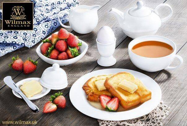Set Of 12 White Dessert Plate 7 inch  displayed with breakfast items including toast, strawberries, and tea.