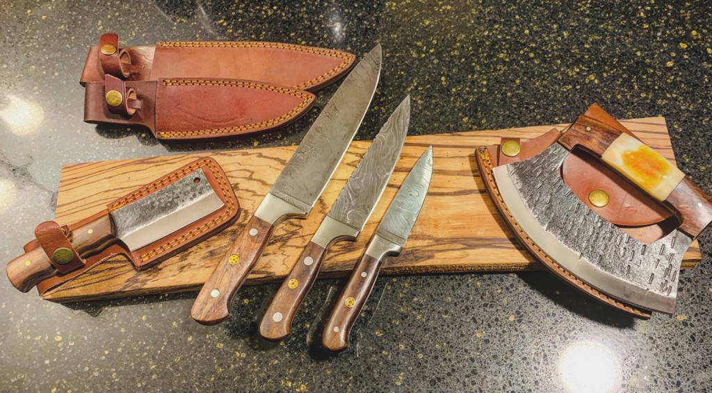 Titan Knife Set, 3 Damascus Chef Knives, High Carbon Ulu and Cleaver - Wine Drop Cookery LLC
