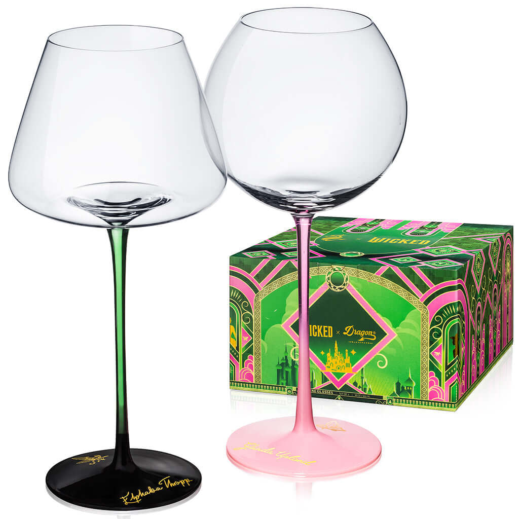 Wicked wine glasses set includes two fancy glassesfeaturing a black and pink stemmed design with a decorative gift box.